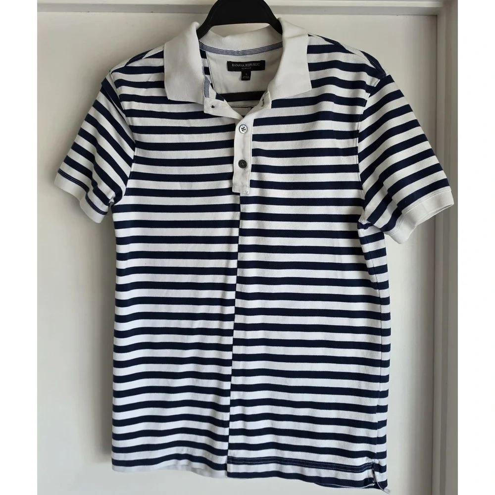 Banana Republic Polo Shirt S Striped White Navy Blue Short Sleeve Classic